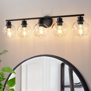 POWLIG 37.4-in 5-Light Matte Black Modern Dimmable Bathroom Transitional Vanity Light with Transparent Glass Shade - 1 of 4
