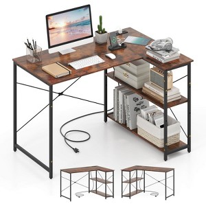Costway L-Shaped Computer Desk with Power Outlets Adjustable shelf Heavy-Duty Metal Frame Brown/White/Black - 1 of 4