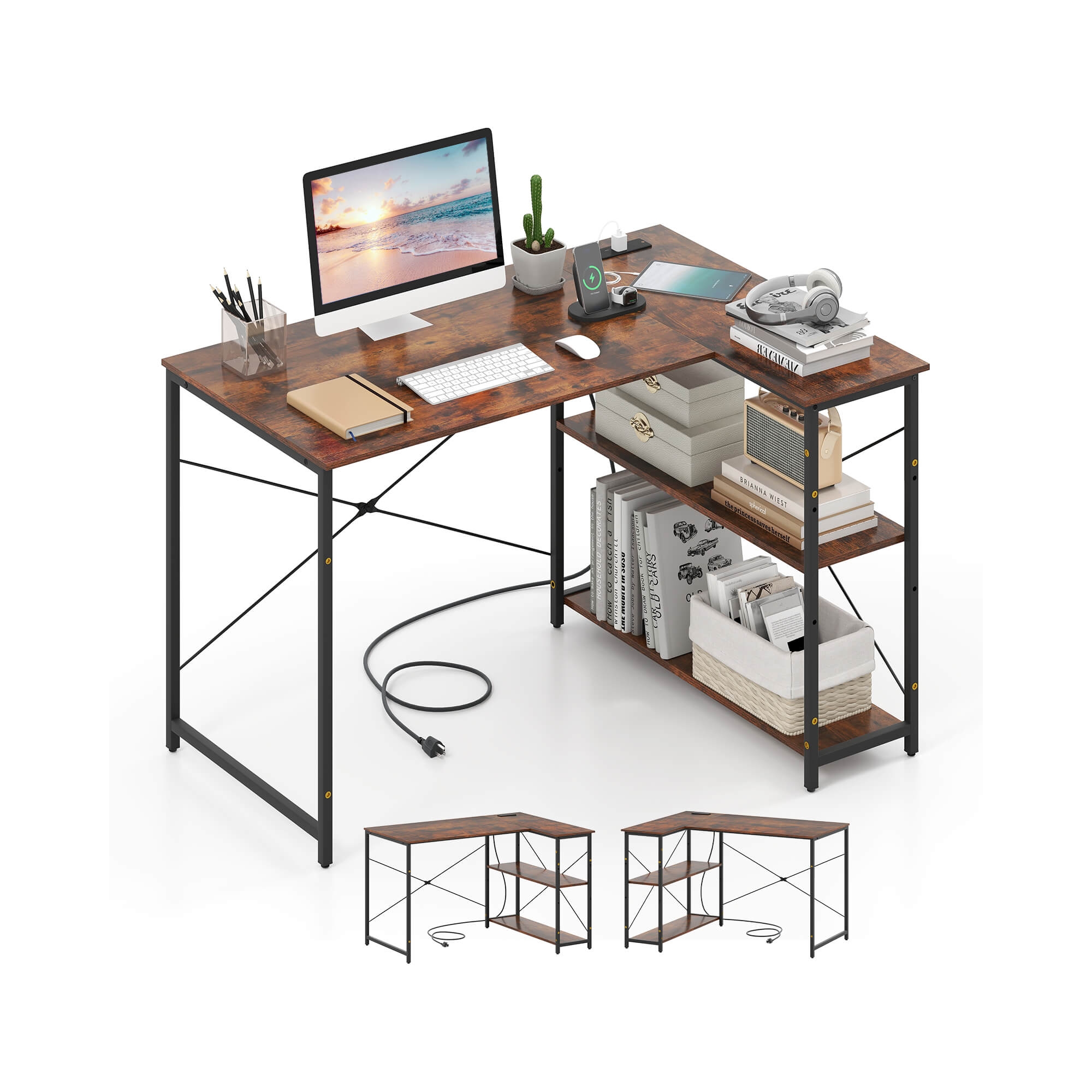 Costway L-Shaped Computer Desk with Power Outlets Adjustable shelf Heavy-Duty Metal Frame Brown