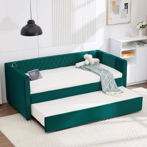 Velvet Daybed with Pop-up Trundle for Bedroom/Guest Room, Twin Size Sofa Beds Frame with USB Ports and Storage Pocket, No Box Spring Needed - 1 of 4