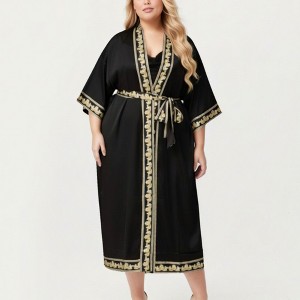 Anna-Kaci Lounge Women's Plus Size Long Robe with Decorative Trim Detailing and Soft Flowing Fabric - 1 of 4