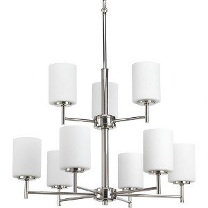 Progress Lighting, Replay Collection, 9-Light Chandelier, Brushed Nickel, White Glass Shades - 1 of 2