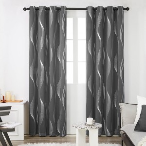 Deconovo 2 Pcs Silver Printed Blackout Curtains with Wave Pattern, 6 Grommets, No Tiebacks - 1 of 4