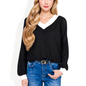 Anna-Kaci Women's V-Neck Waffle Knit Long Sleeve Top with Contrast Trim and Relaxed Fit - 1 of 4