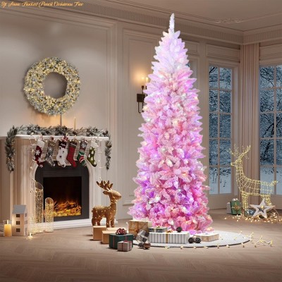 6ft/7.5ft/9ft Snow Flocked Pencil Christmas Tree with Pink Gradient, Slim Artificial Xmas Tree on Sturdy Metal Stand, Skinny Holiday Decor