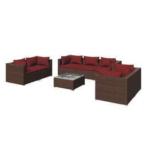 vidaXL Stylish 8-Piece Patio Lounge Set with Cushions Poly Rattan - Comfortable, Cleanable and Customizable- Brown with Cinnamon Red Cushions - 1 of 4