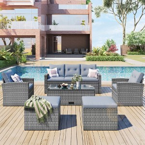 6-piece All-Weather Wicker PE rattan Patio Outdoor Dining Sectional Set with coffee table, wicker sofas, ottomans, removable cushions，Gray - 1 of 4