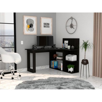 Vynxaria Black Writing Computer Desk with Open Shelves Modern Office Furniture for Home Study Stylish Storage Solution Easy Assembly