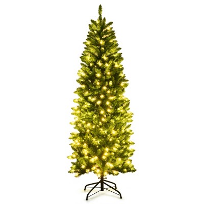 Costway 6Ft Pre-lit Artificial Pencil Christmas Tree Hinged Fir PVC Tree /250 LED Lights