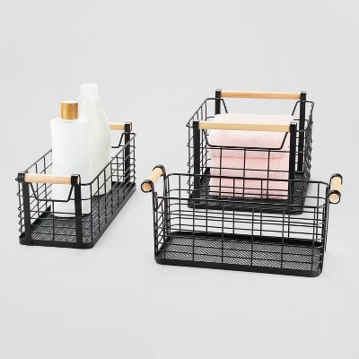 MyGift Storage Baskets with Handles, Black Metal Wire and Torched Wood Rectangular Wall Baskets, Set of 2