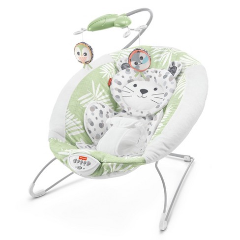 Fisher Price Snow Leopard Deluxe Baby Bouncer Seat with Soothing Sounds Calming Vibrations and Overhead Mobile with 2 Soft Toys