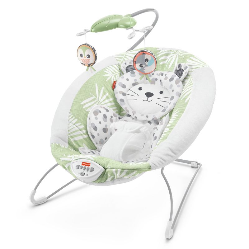 Fisher-Price Snow Leopard Deluxe Baby Bouncer Seat with Soothing Sounds, Calming Vibrations, and Overhead Mobile with 2 Soft Toys, 1 of 6