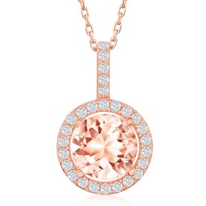 Bella Silver Sterling Silver Four-Prong Round Morganite CZ with White CZ Border Pendat - Rose Gold Plated - Rose - 1 of 3