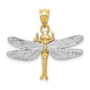 Black Bow Jewelry 14k Two Tone Gold 28mm Textured Dragonfly Pendant - 1 of 4