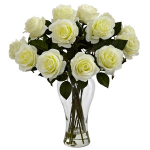 Nearly Natural Blooming Roses with Vase, White - 1 of 4