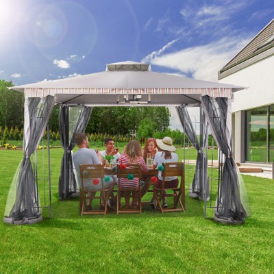 COWLOWN 13x11 Ft Double Roof Canopy Gazebo with Netting and Corner Frame Shelves for Patio, Deck, Garden & More
