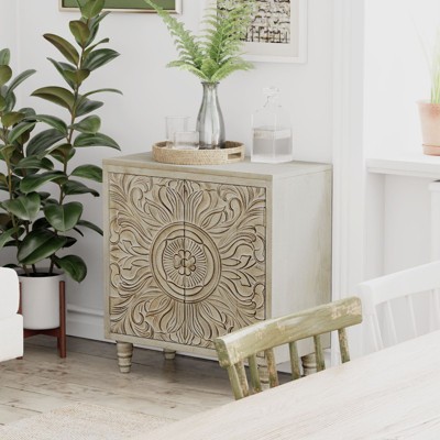 JIONJOY Distressed White Floral Storage Cabinet - Rustic Farmhouse Accent Piece with Carved Flower Details
