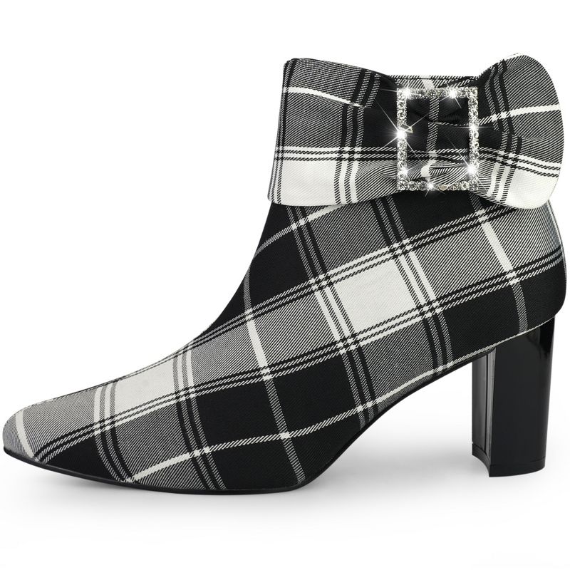 Perphy Women's Plaid Pointy Toe Rhinestone Bow Zipper Chunky Heels Ankle Boots, 2 of 4