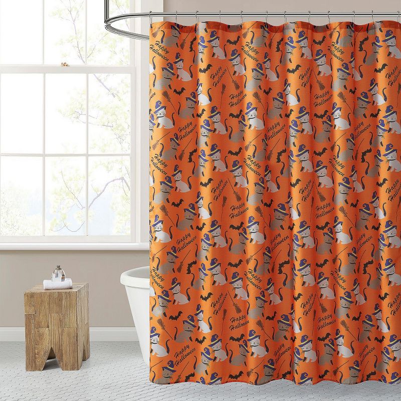 Kate Aurora Halloween Accents Kitty Witches & Broomsticks Festive Orange Fabric Shower Curtain - Standard Size, 1 of 4