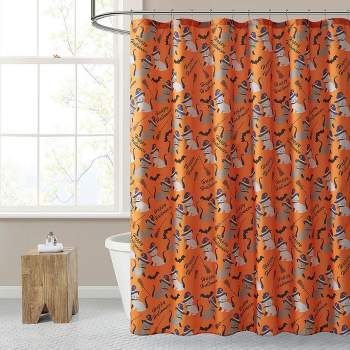Kate Aurora Halloween Accents Kitty Witches & Broomsticks Festive Orange Fabric Shower Curtain - Standard Size