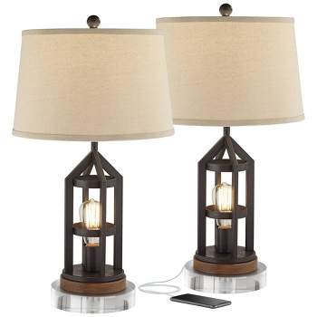 Franklin Iron Works Lucas Industrial Table Lamps Set of 2 with Round Risers 27 1/2" Tall Bronze with USB Nightlight LED Oatmeal Drum Shade for Desk