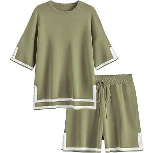 Ekouaer Womens Knit Lounge Set 2 Piece Sweater Sets Short Sleeve Sweatsuit Pullover Tops - 1 of 4