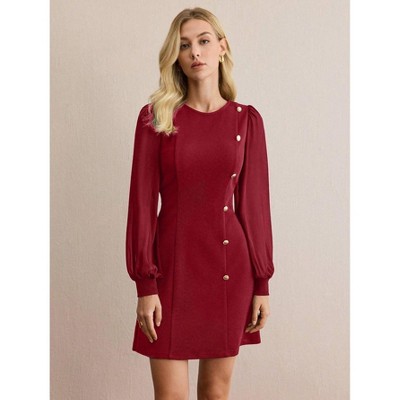 Coolmee Women Elegant Round Neck Mesh Contrast Stitching Slim Long Sleeve Button Wrap Mini Dress