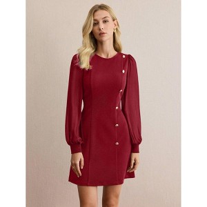 Coolmee Women Elegant Round Neck Mesh Contrast Stitching Slim Long Sleeve Button Wrap Mini Dress - 1 of 4