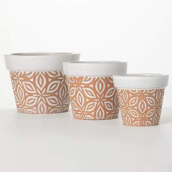 Sullivans 7.25", 6.5" & 5.25" White Floral Pattern Planters Set of 3, Clay