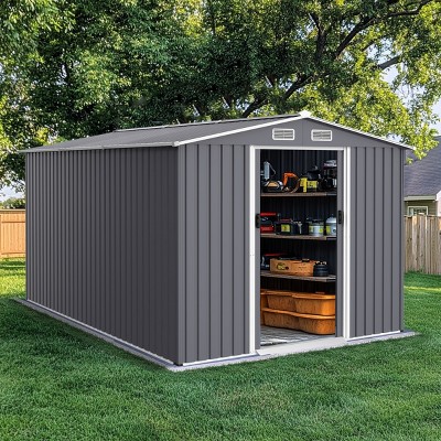Durable 8' x 10' Metal Outdoor Storage Shed with Sliding Doors, Sloped Roof, and Ventilation for Garden, Backyard, and Lawn Tools-Coolbibila