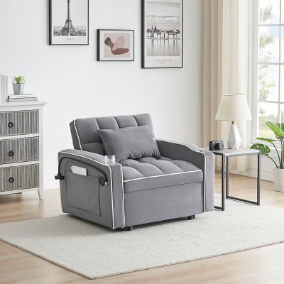 MAYEERTY Modern Velvet Foldable Sofa Bed - 3 Lengths, USB/Ashtray/Phone Stand, Dark Grey