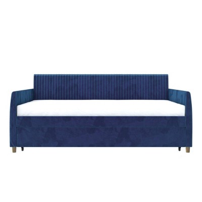 Twin Blue Velvet Upholstered Daybed with Trundle and Tufted Headboard