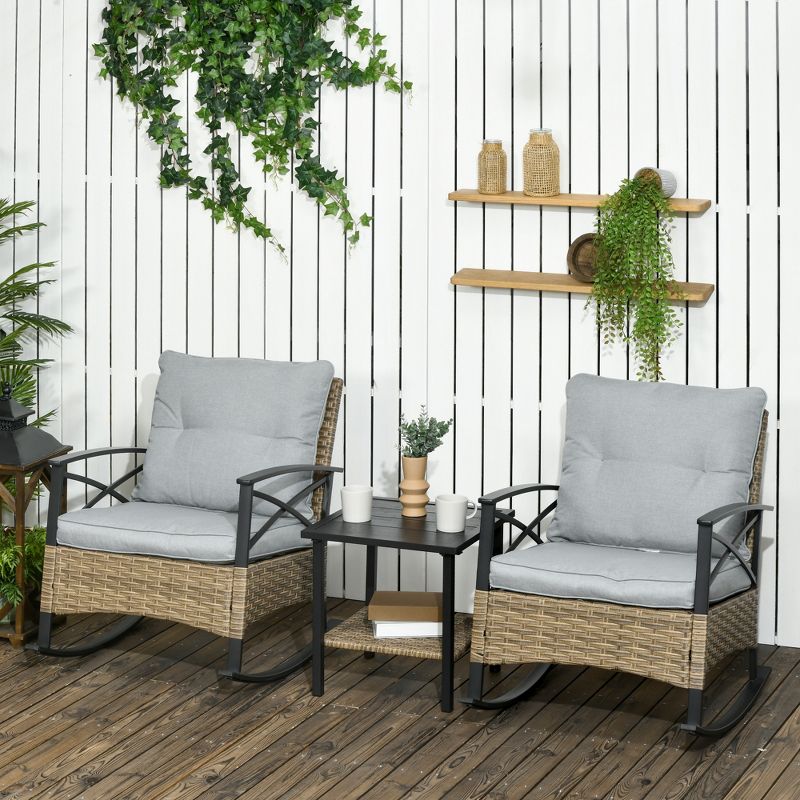 Outsunny 3 Piece Rocking Wicker Bistro Set, Outdoor Patio Furniture Set with two Porch Rocker Chairs, Cushions, Two-Tier Coffee Table, 3 of 7