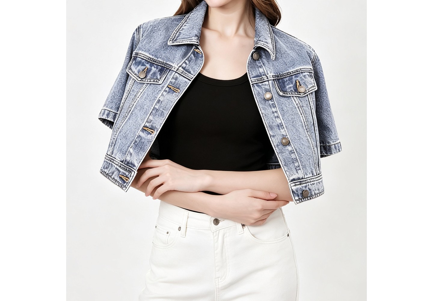Женская куртка YesFashion Cropped Short Sleeve Denim Jacket Classic Lapel Button Front Chest Pocket Casual Light Wash Outerwear Shrug，ligh blue, цвет: Джинсовый — фото 4