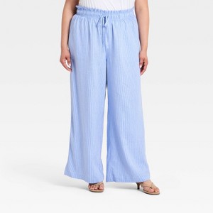Women's Wide Leg Linen Pull-On Pants - Ava & Viv™ Blue Striped 1X