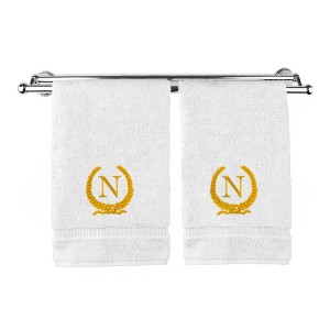 BC BARE COTTON Monogrammed Hand Towel, 100% Turkish Cotton - Set of 2 - White - Gold Wreath - 1 of 4