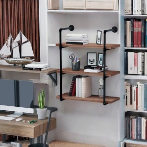 Alilang 31.50 Inch Industrial Wall-Mounted 3-Tier Pipe Shelf with Wooden Plank Design-Brown - 1 of 4