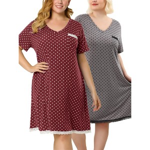 Agnes Orinda Women's Plus Size V Neck Short Sleeve Polka Dots Nightgowns - 1 of 4