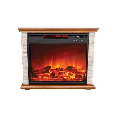 LifeSmart FP1136 1500 Watt Portable Electric Infrared Quartz Fireplace Heater for Indoor Use with 3 Heating Elements and Remote, Faux Stone & Oak Wood