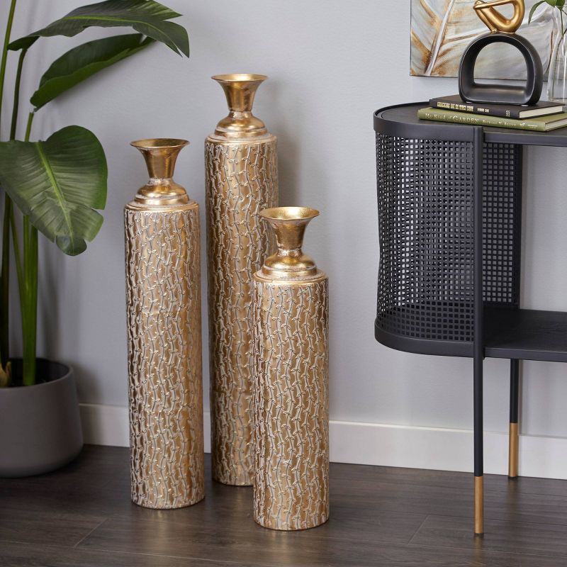 Set of 3 Metal Tall Distressed Metallic Vase with Growing Vine Pattern Gold - Olivia &#38; May, 2 of 18