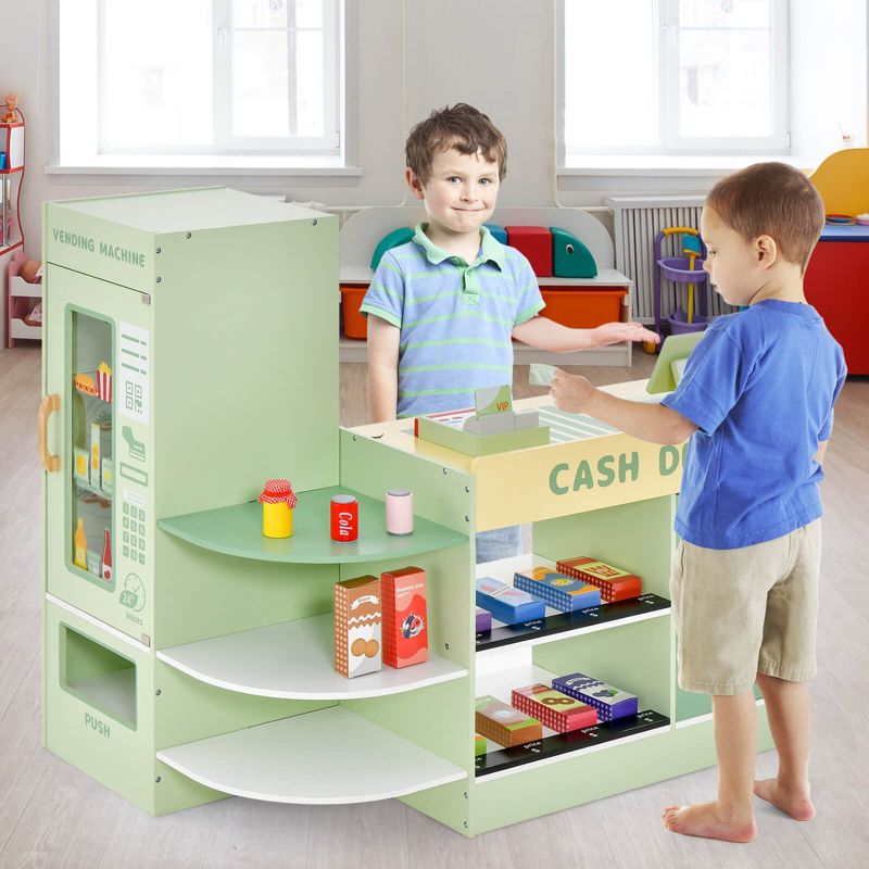 Costway Wooden Supermarket Play Toy Set Kids Grocery Store Playset with Checkout Counter, 2 of 11