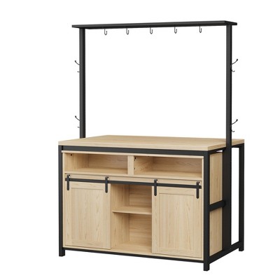 Rustic 72" Kitchen Island with Power Outlet & Sliding Barn Door, Coffee Bar Station with 9 Hooks and 3-Tier Storage for Dining Room