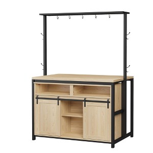 Rustic 72" Kitchen Island with Power Outlet & Sliding Barn Door, Coffee Bar Station with 9 Hooks and 3-Tier Storage for Dining Room - 1 of 4