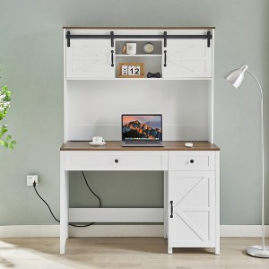 47" Farmhouse Executive Desk with Drawers, Wood Home Office Desk w/Charging Station, File Drawer, Storage Cabinet, Rustic Computer Writing Desk - 1 of 1