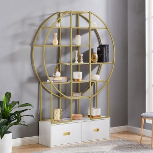 Whisen 71 in. Gold Metal Frame Modern Round 5 Tiers Bookcase Bookshelf Display Shelf with  Two Drawers - 1 of 4