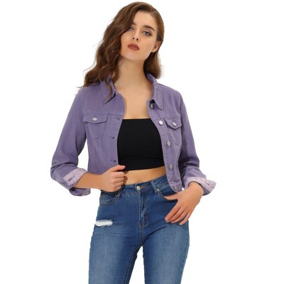 Unique Bargains Women's Button Down Collarless Long Sleeve Cropped Denim  Jacket 