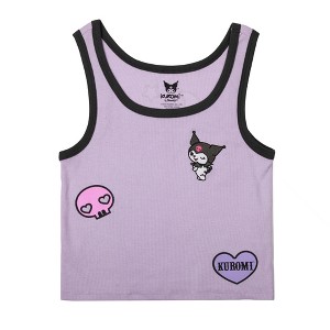 Kuromi Character With Icons Sleeveless Purple Women's Ribbed Tank Top - 1 of 4