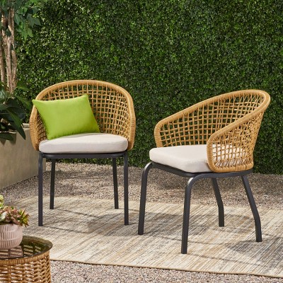 Set of 2 PE Rattan Outdoor Boho Chairs with Beige Cushions and Curved Backrest,Weather-Resistant Patio Seating-Cuddlewood