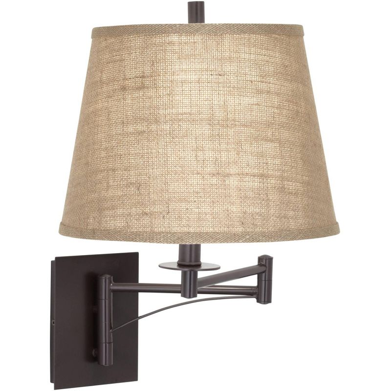 Franklin Iron Works Brinly Farmhouse Rustic Swing Arm Wall Lamp Matte Brown Metal Plug-in Light Fixture Burlap Shade for Bedroom Bedside Living Room, 5 of 9