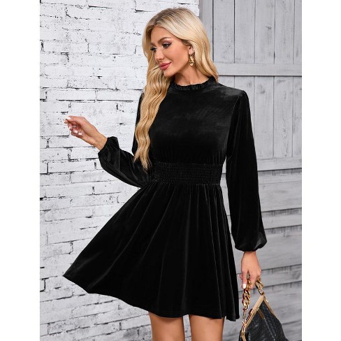 YesFashion Women's Fall Velvet Mini Dress Long Sleeve Mock Neck High Waist Ruffle A Line Flowy Party Dresses - image 1 of 4